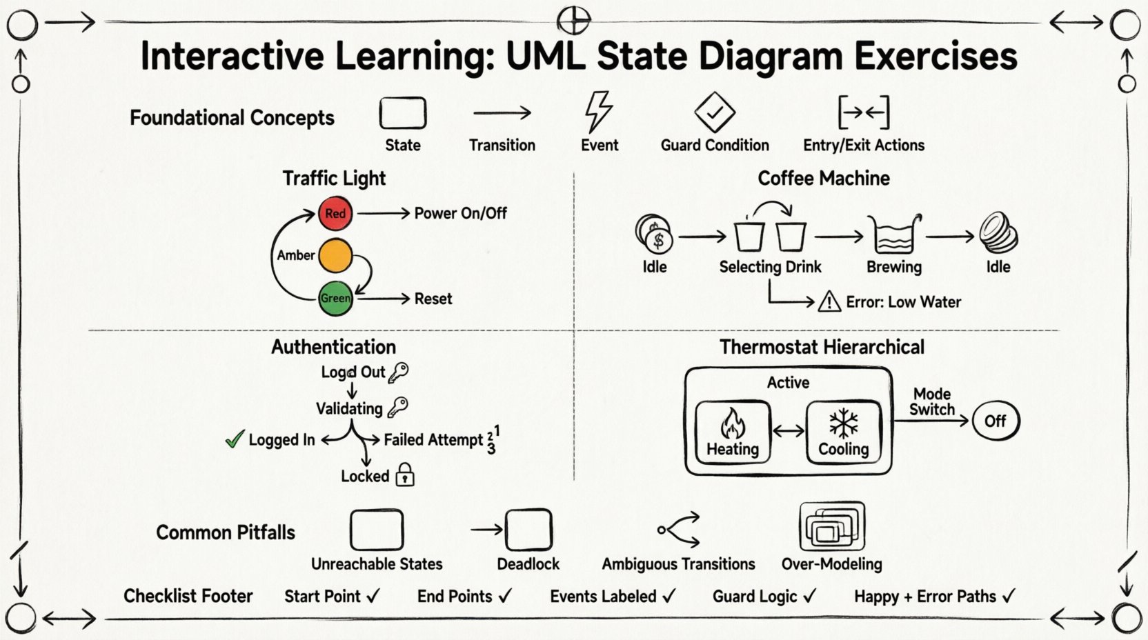 Line art infographic illustrating interactive exercises for learning UML State Machine Diagrams, featuring foundational concepts (states, transitions, events, guards, actions), four progressive practice scenarios (traffic light controller, coffee machine with error handling, user authentication with account locking, hierarchical thermostat states), common modeling pitfalls to avoid, and a self-assessment checklist for software engineers and system designers