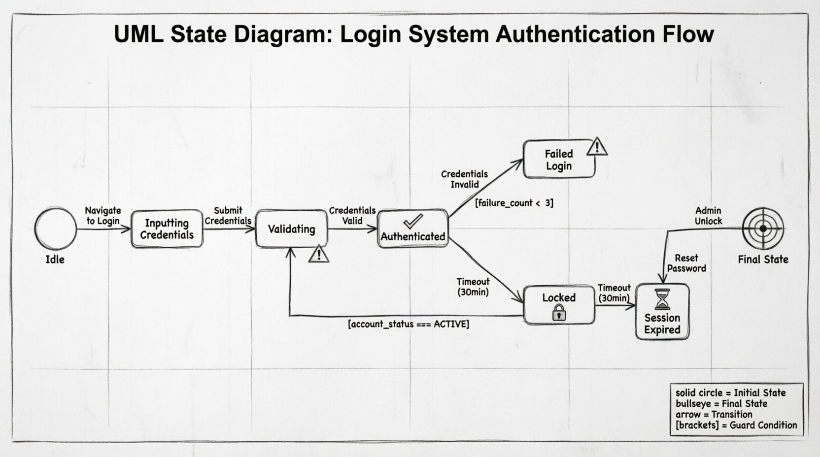 Line art infographic of a UML State Diagram modeling a secure login system authentication flow, showing states including Idle, Inputting Credentials, Validating, Authenticated, Failed Login, Locked, and Session Expired, with labeled transitions for events like Submit Credentials and Timeout, guard conditions in brackets for security rules, and UML notation legend for initial/final states, designed for developers and system architects to visualize authentication lifecycle and edge case handling