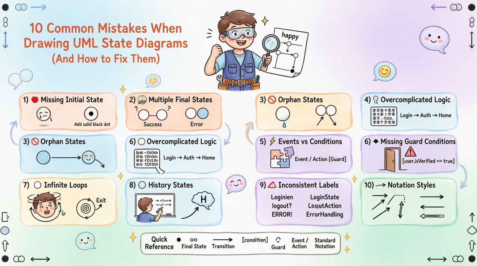 A whimsical, hand-drawn style infographic illustrating 10 common UML state diagram mistakes with playful icons and clear visual fixes, featuring a cheerful engineer character, color-coded mistake cards with before/after examples, and a quick reference guide for proper UML notation including initial states, final states, transitions, guard conditions, and consistent labeling conventions