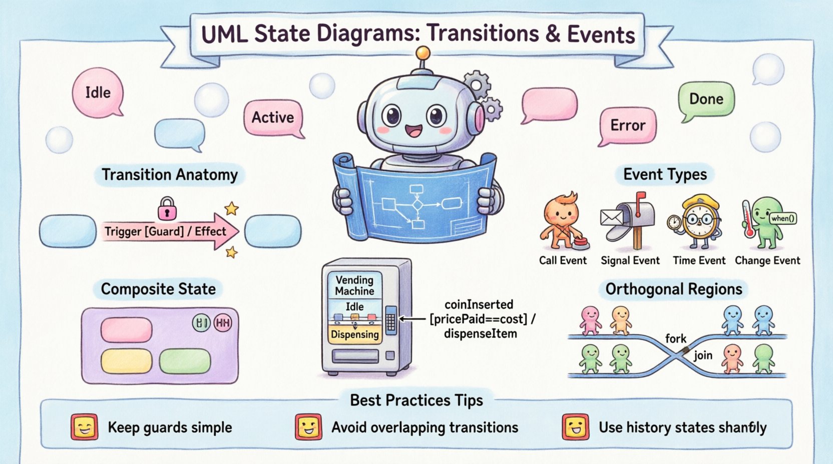 Chibi-style educational infographic explaining UML State Machine Diagrams: transitions and events. Features cute characters illustrating trigger-guard-effect syntax, four event types (call, signal, time, change), guard condition logic with vending machine example, composite states with shallow/deep history, orthogonal regions with fork/join semantics, and best practices checklist. Visual elements include kawaii robot mascot, pastel color scheme, clear English labels, and intuitive flow from state anatomy to advanced modeling patterns for software architects and developers.