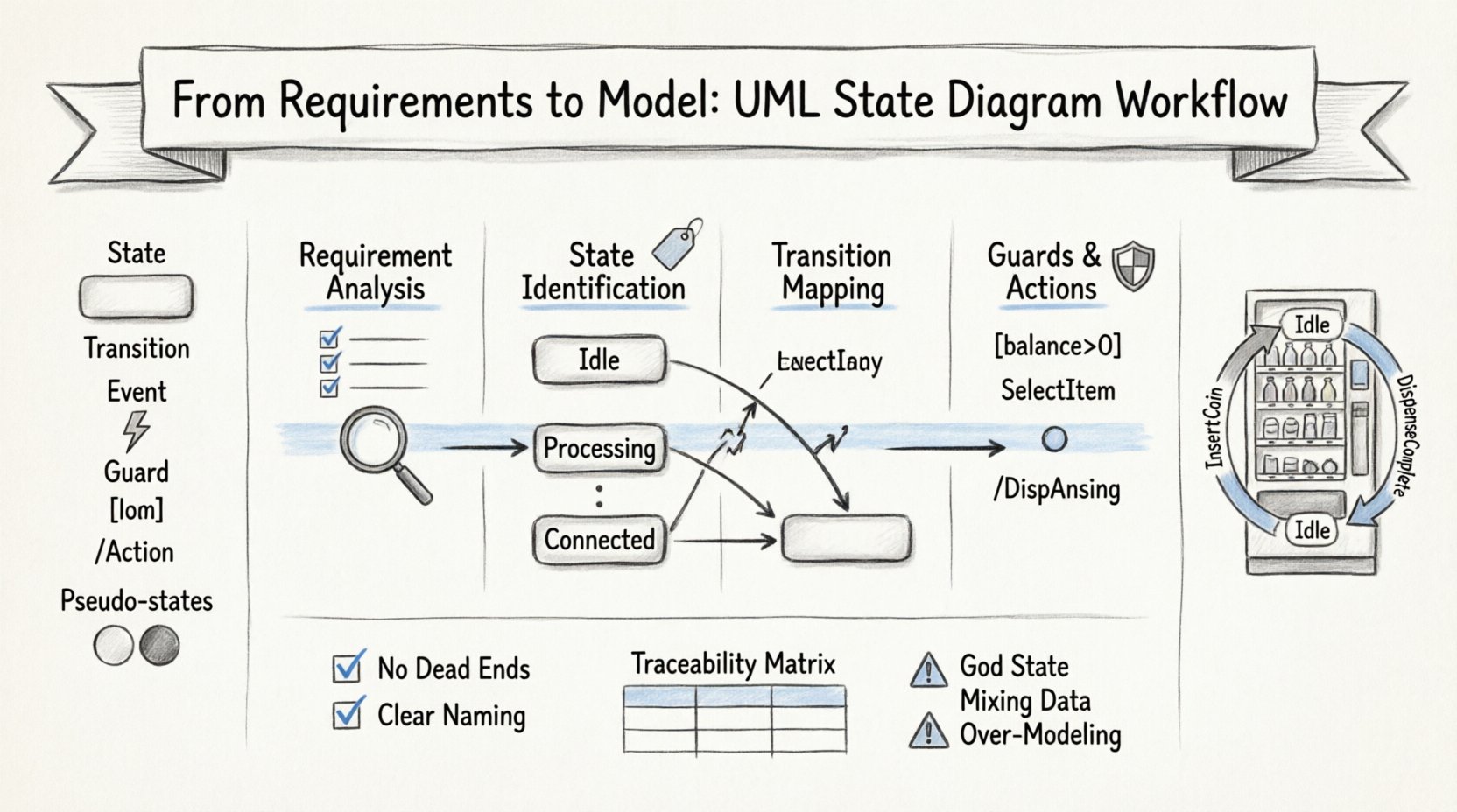 Sketch-style infographic illustrating the 4-phase workflow for creating UML State Machine Diagrams: requirement analysis, state identification, transition mapping, and guard conditions, featuring hand-drawn UML notation elements, a vending machine example, and quality verification checklist for software engineering documentation