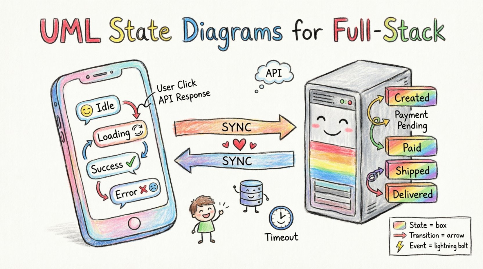 Child-style hand-drawn infographic illustrating UML state diagrams for full-stack development, showing frontend mobile app states (Idle, Loading, Success, Error) connected to backend order processing states (Created, Paid, Shipped, Delivered) with synchronization arrows, in colorful crayon drawing style with playful icons for user interactions, API calls, and database operations